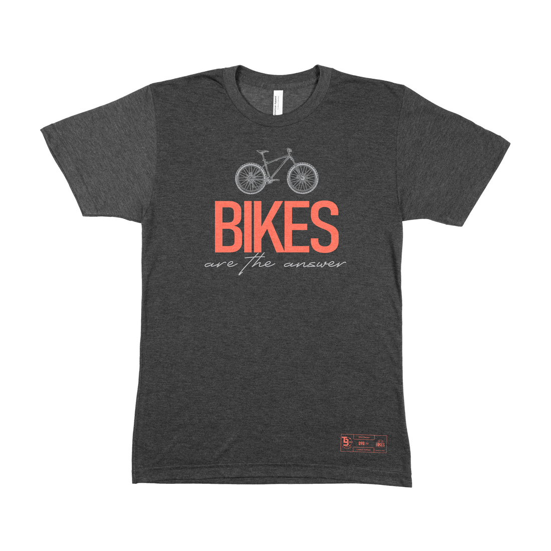 Front view of the TBone Collabs' 'Bikes Are the Answer' tee in triblack color. The tee features a vibrant orange mountain bike graphic and matching orange text against a charcoal-like background.