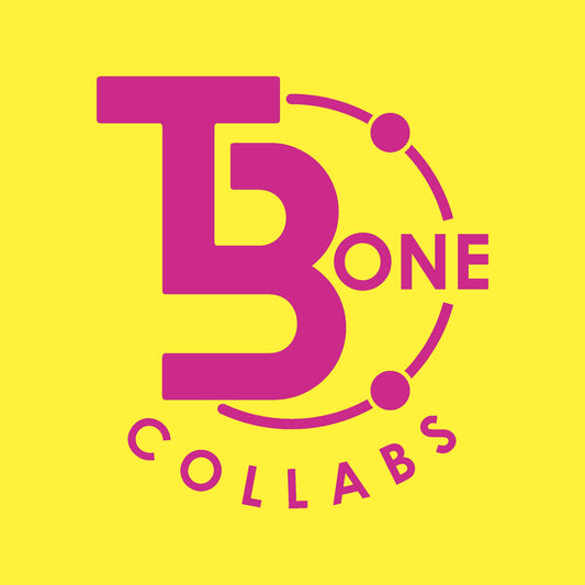 TBone Collabs logo pink on yellow background