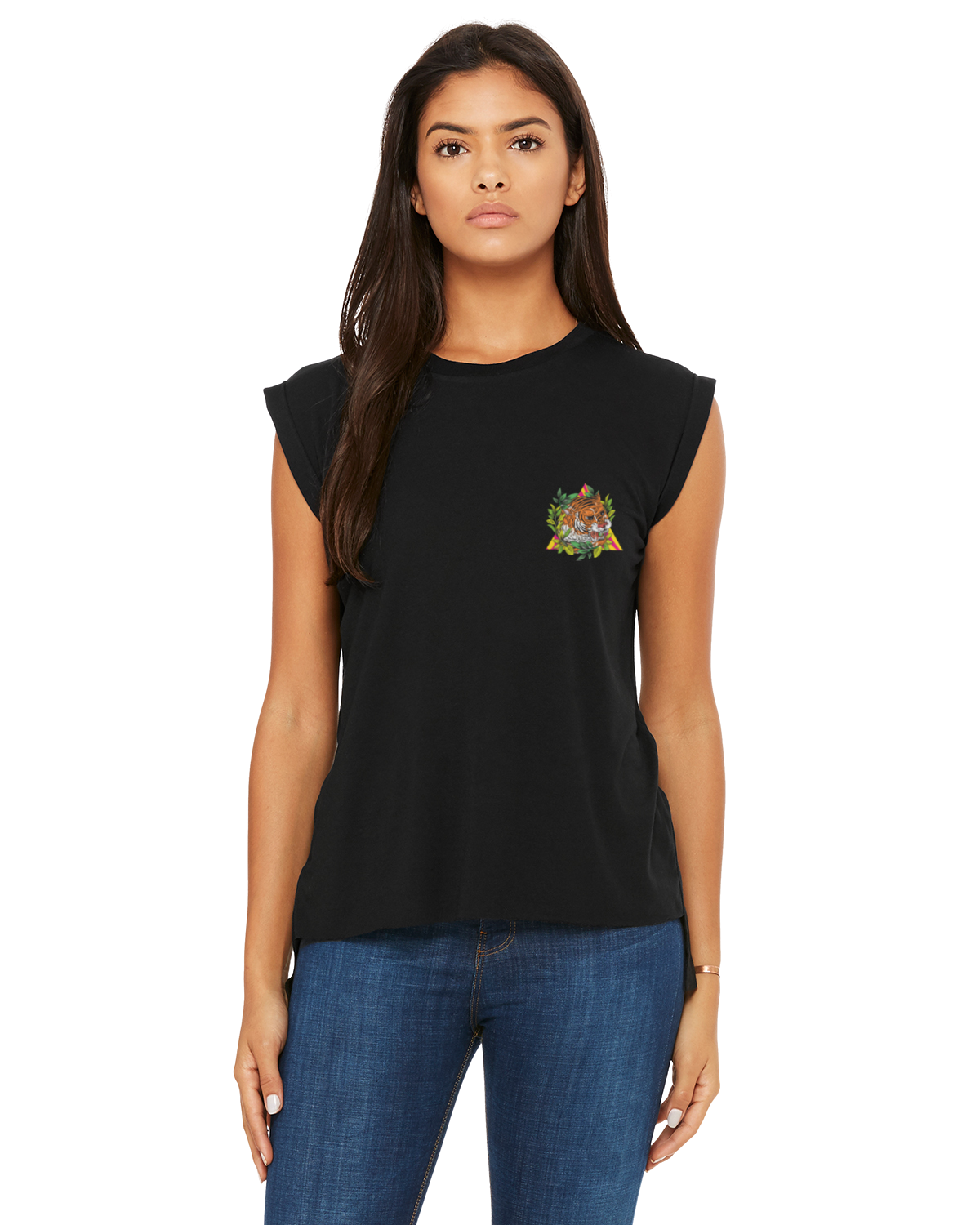 Ladies Flowy Muscle T-Shirt Minimal Tiger Three Organik World Lab Collab