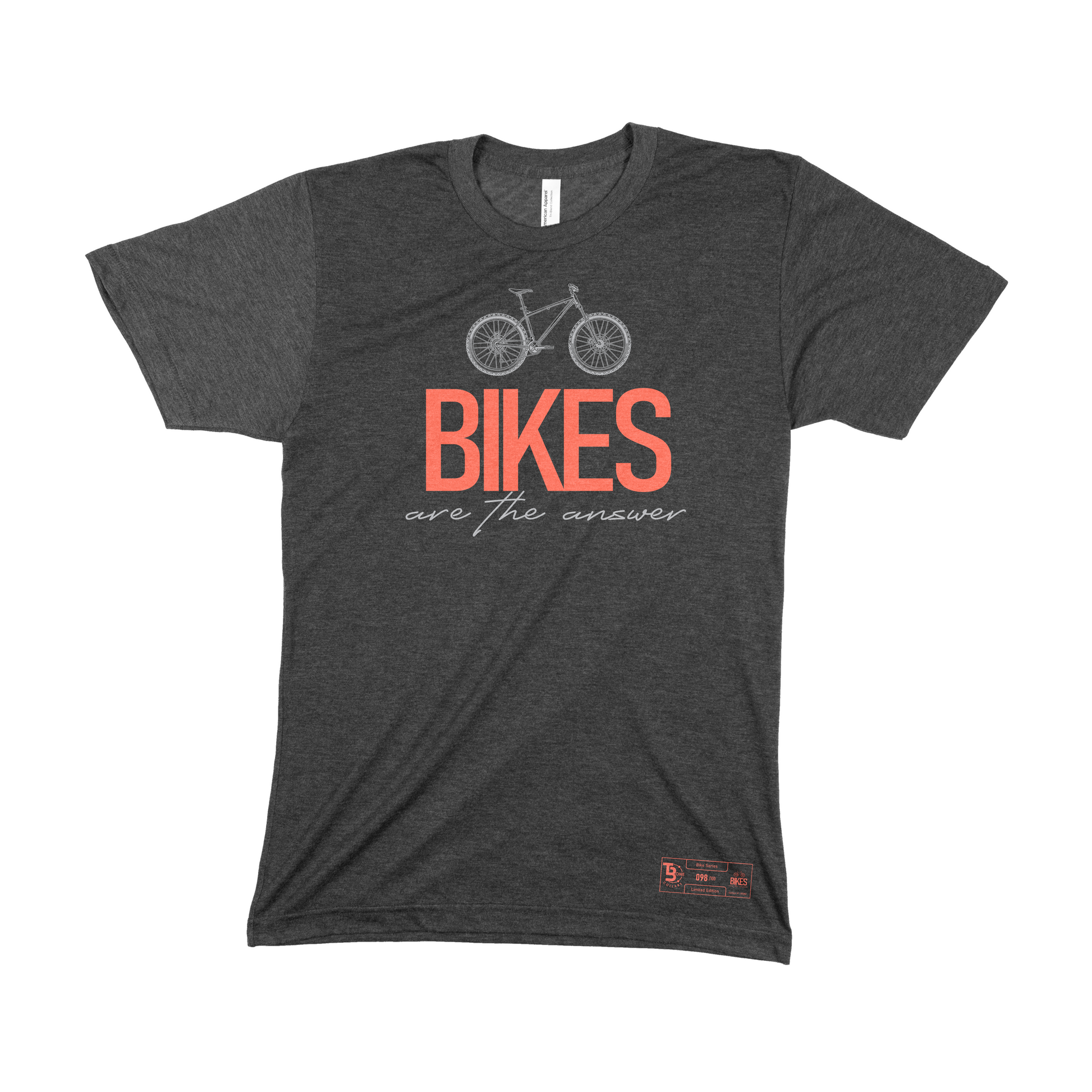 Charcoal-colored, tri-blend t-shirt featuring a central mountain bike graphic and the 'Bikes Are the Answer' phrase with 'Bikes' in orange. Near the bottom left is a numbered label detailing the edition, quantity produced, the small TBone logo, and a miniaturized version of the t-shirt's graphic logo.