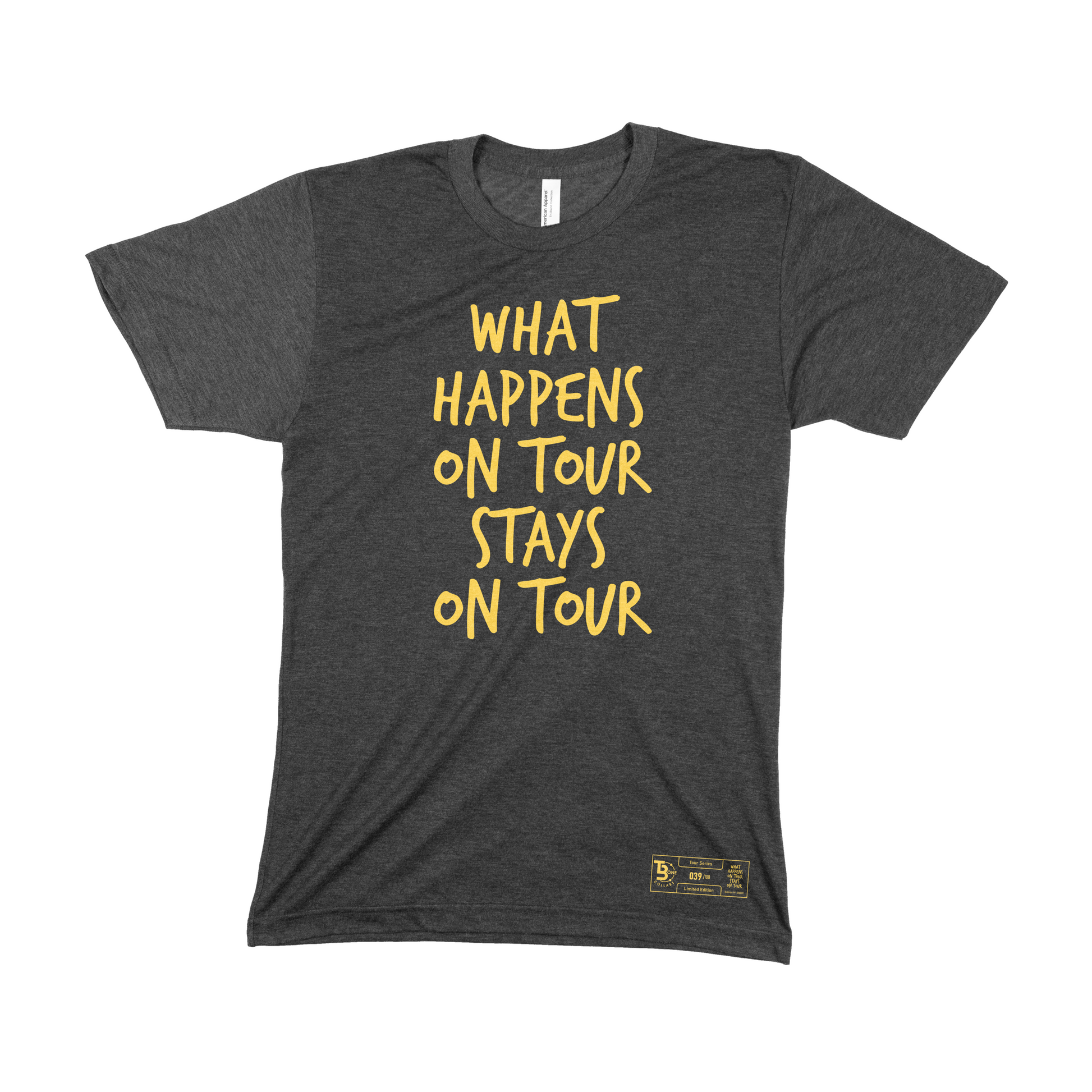 ide-angle view of the 'What Happens On Tour Stays On Tour' t-shirt showing its relaxed fit and the creases formed, adding to its casual look.